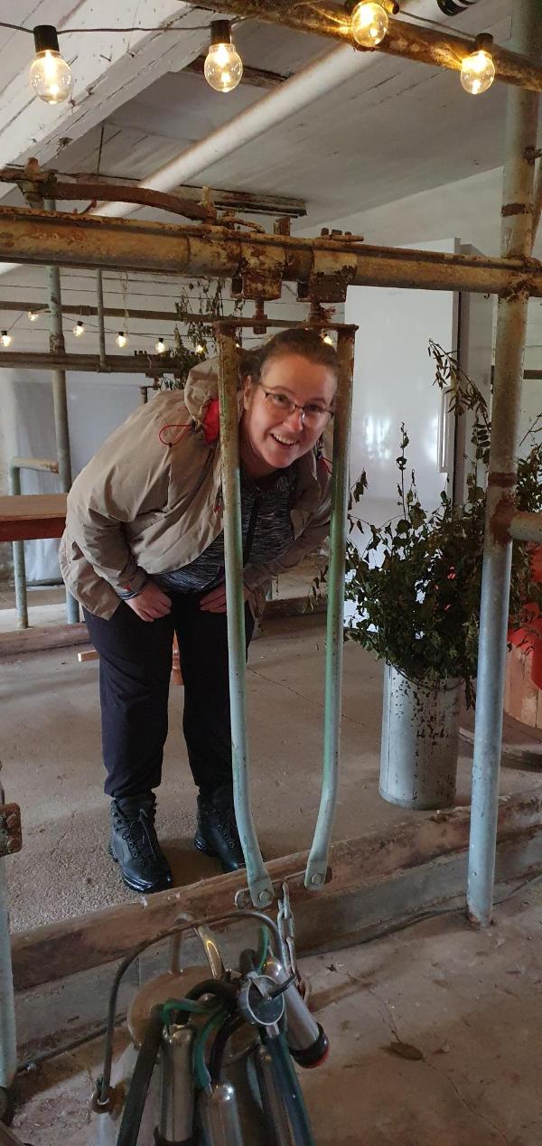 Puheenjohtaja Heidi Kuutti-Selkee kokeili millaista on olla lehmä parsinavetassa.